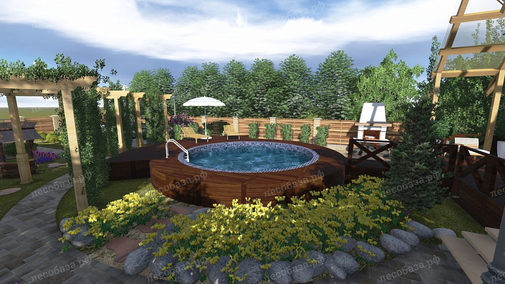 Ландшафтный дизайн вокруг дома с бассейном 