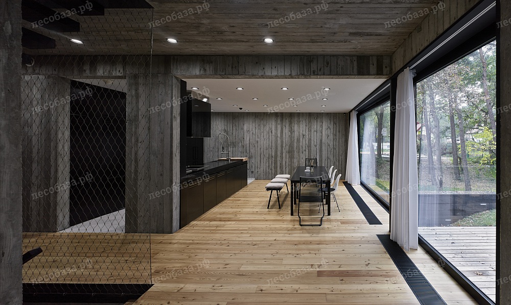 Серый интерьер деревянного дома